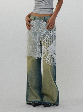CONP 24SS 蕾丝拼接牛仔洗水裙裤 怀旧黄蕾丝半裙拼接直筒牛仔裤