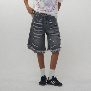 CONP 24SS  破洞格纹牛仔裤 水洗做旧拼接毛边割破不规则设计短裤