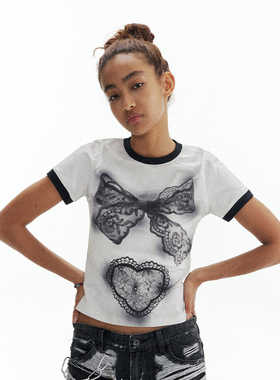 CONP 24SS 蕾丝喷绘拼色修身T恤 短袖圆领潮流设计白色复古