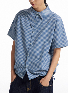 CONP 25SS 格纹不对称领宽松抽绳短袖衬衫