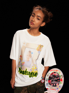 CONP 24SS 回到90S街区 Y2k贴纸相框磨毛T恤白色美式复古 中性