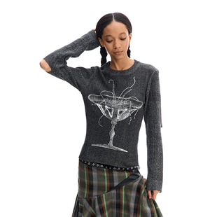 设计感漏肘花黑坎毛修身 珍珠酒杯 毛衣 24AW CONP