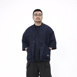 衬衫 和服风半袖 男 LiiiStore2022日系复古纯色水洗多口袋道袍日式