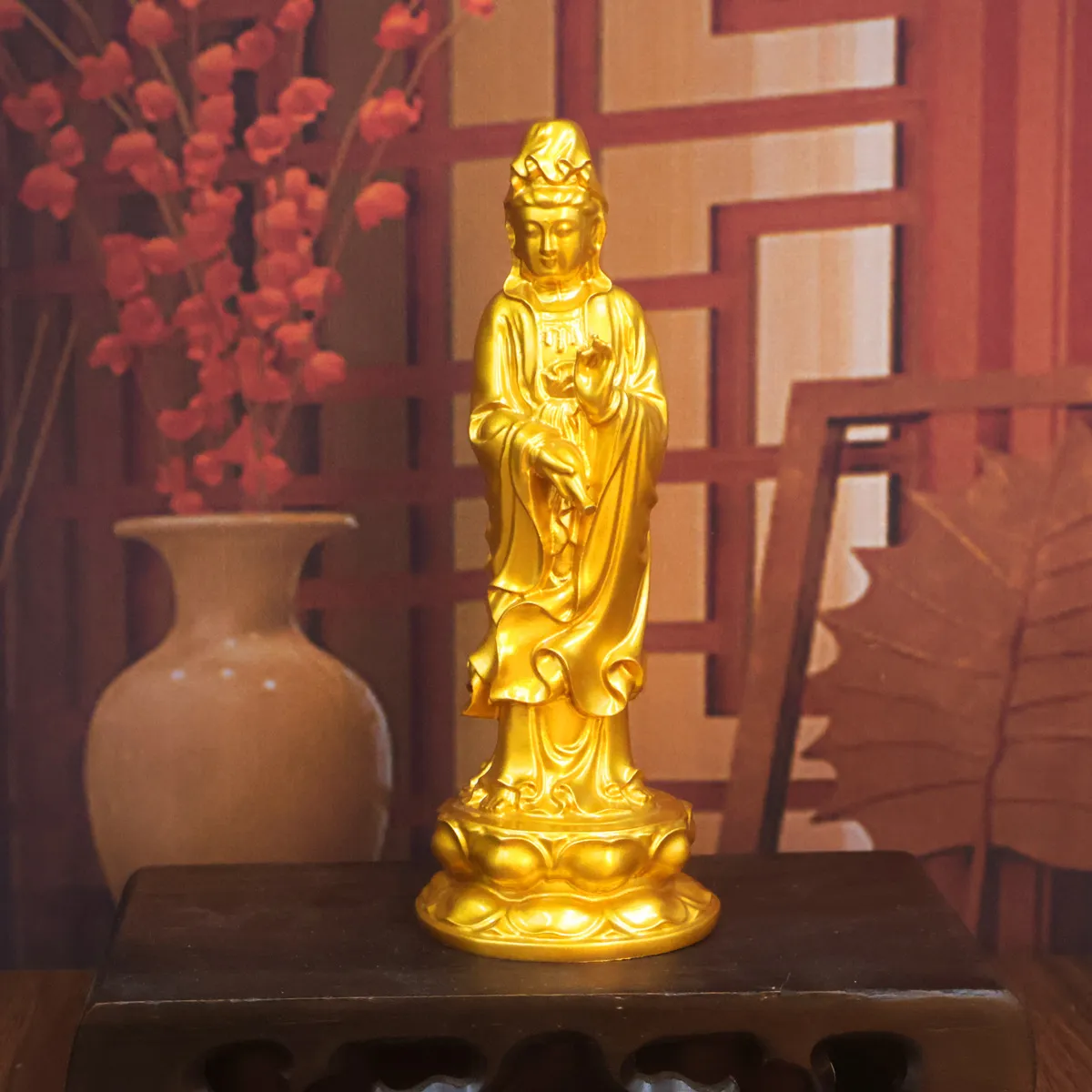黄铜实心南海观音佛像观世音家居摆件铜像家居保平安黄铜站立神像