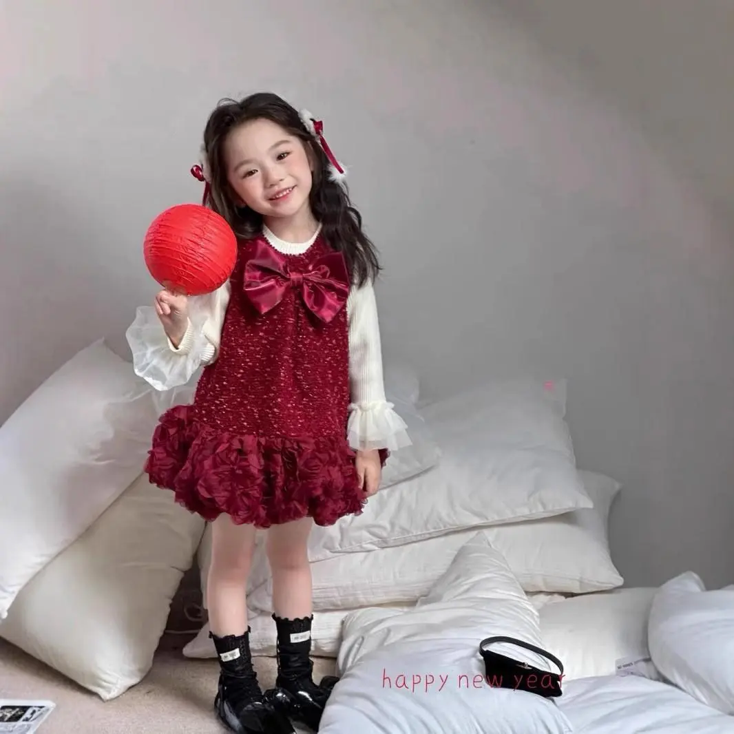 女童蝴蝶结加绒背心裙年服连衣裙2024新款重工玫瑰花瓣礼服裙洋气