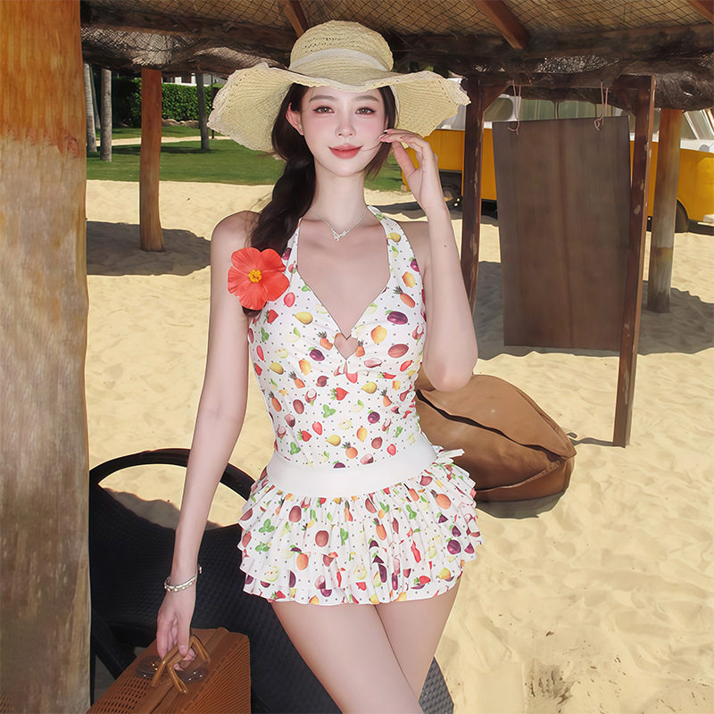 泳衣女高级感夏日水果波点满印海边度假泡温泉荷叶边短裤