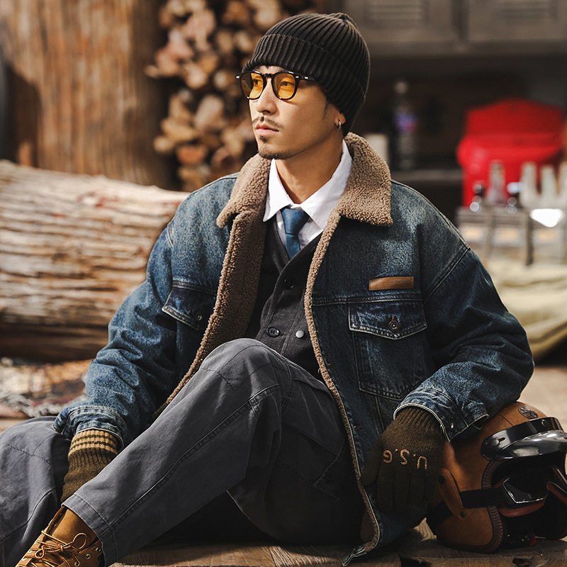 美式复古羊羔绒牛仔外套男冬季加厚棉衣男士夹克棉服男款冬天棉袄
