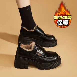 增高英伦乐福鞋女冬季加绒黑色通勤皮鞋女款厚底保暖棉鞋