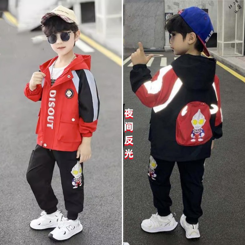 男童奥特漫秋装套装2025新款男孩网红帅气衣服秋冬装加绒厚两件套