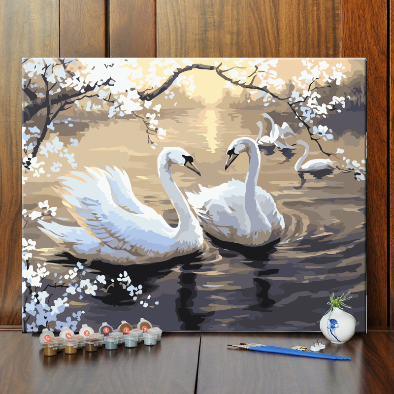 diy/数字油彩画动物白天鹅手绘填色油画客厅卧室书房餐厅装饰挂画