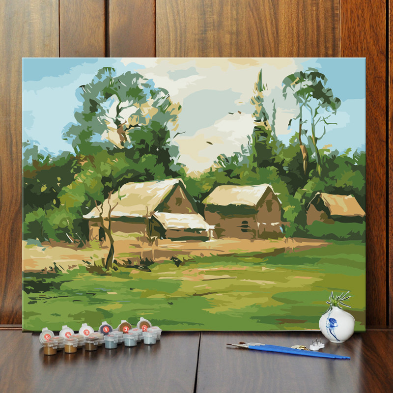 diy/数字油彩画茅草屋风景手绘填色油画客厅卧室书房餐厅装饰挂画