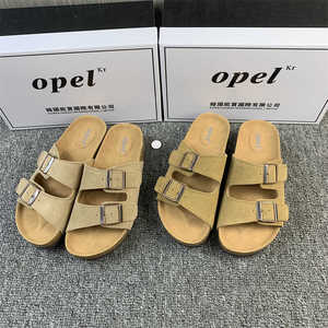 opel韩版真皮勃肯拖鞋2024夏季新款平底一字带方扣厚底沙滩凉鞋女