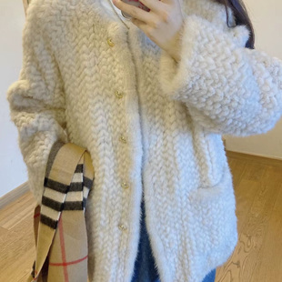 升级麦穗纹工艺年轻休闲慵懒中长款水貂毛编织皮草外套女水貂大衣