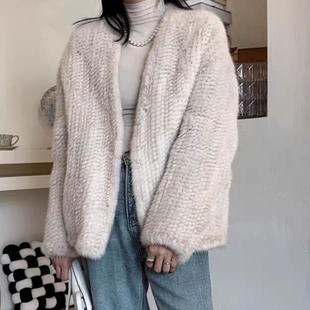 新款进口水貂皮草外套纯手工双面加厚编织水貂外套V领开衫秋冬