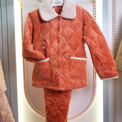 多拉美家居服女装秋冬季玉狐绒加厚加绒睡衣保暖夹棉套装2453227