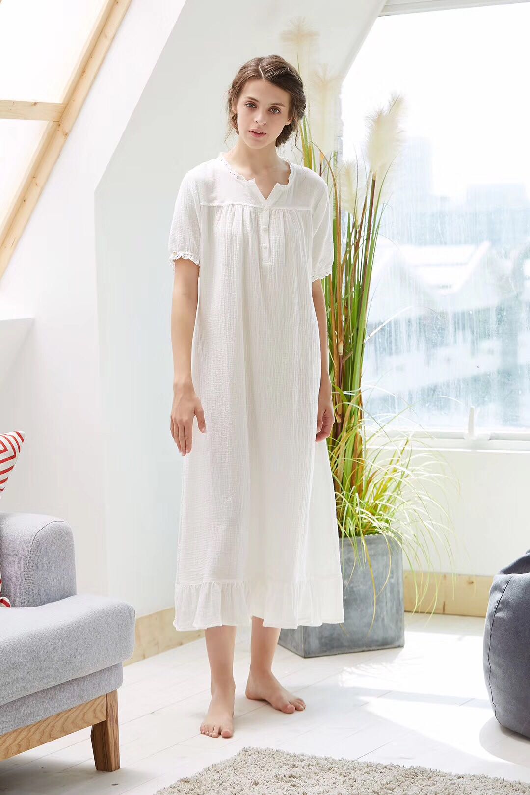 夏季纯棉纱布睡衣女士宫廷公主双层柔软粉睡裙短袖长款家居服包邮
