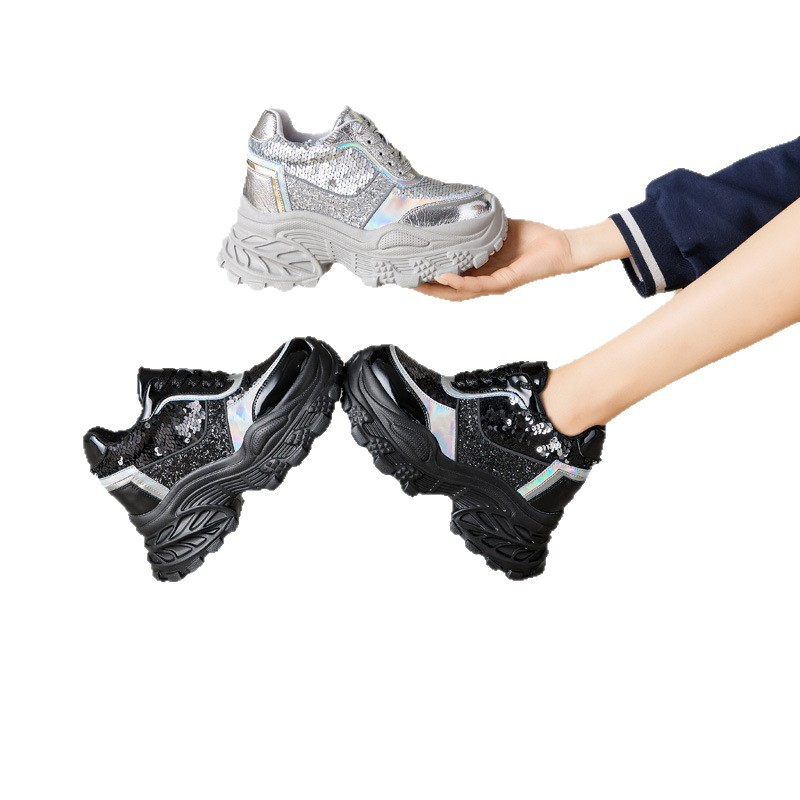 2026春季新款韩版10cm内增高厚底女休闲亮片鞋子透气网百搭运动鞋