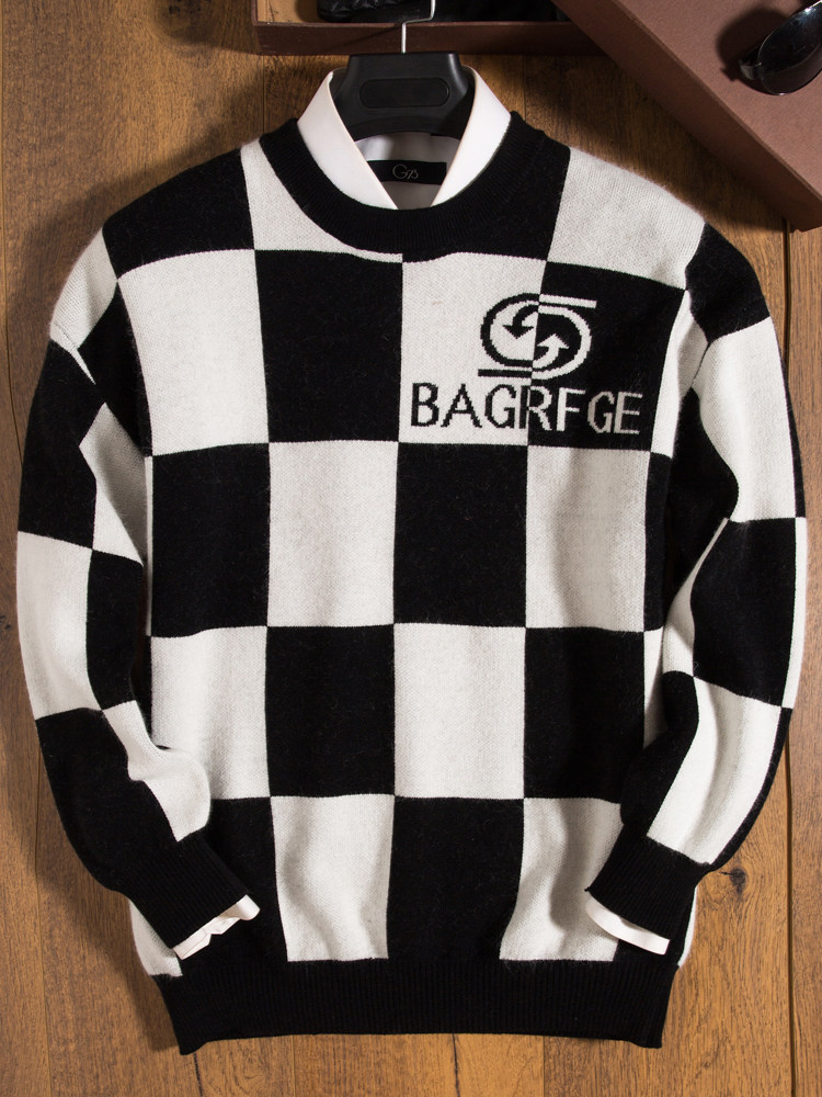 두꺼운 둥근 목을 가진 남성용 겨울 유행 자카드 따뜻한 스웨터 프리미엄 순수 캐시미어 스웨터 남성용 흑백 격자 무늬 스웨터