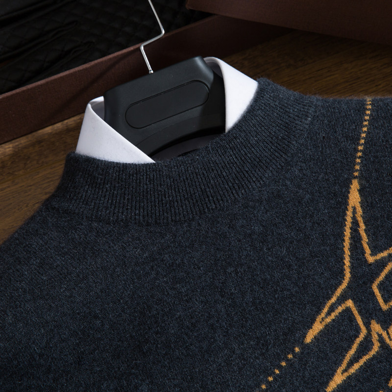 점선 캐시미어 스웨터 남성 풀오버 루즈한 짙은 회색 자카드 바닥 스웨터 퓨어 캐시미어 스웨터 남성 하프 터틀넥