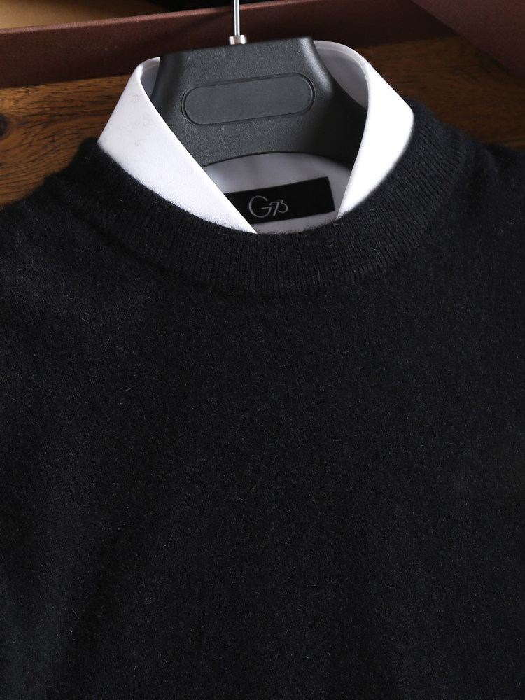 따뜻함을 지켜주는 베이직 이너 스웨터 솔리드 컬러 블랙 대형 라운드넥 밑단 셔츠 남성용 겨울 퓨어 캐시미어 스웨터