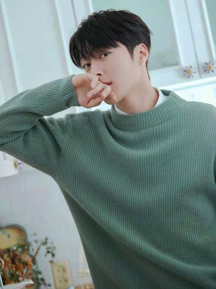 YUANBAO 바늘 캐시미어 스웨터 남성용 둥근 목 두꺼운 녹색 트위스트 바닥 스웨터 남성용 겨울용 넓은 칼라 오프 숄더 녹색 스웨터