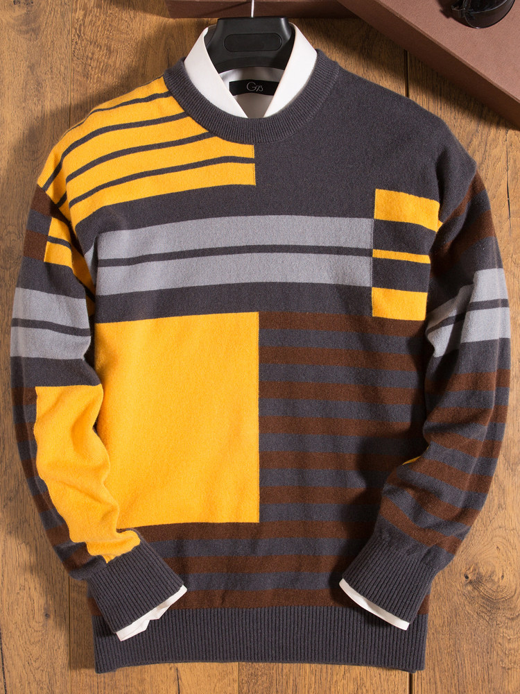 겨울 유행 브랜드 패션쇼 스타일 남성용 고급 캐시미어 스웨터 100 퓨어 캐시미어 라운드 넥 남성용 패셔너블 대비 스트라이프 스웨터