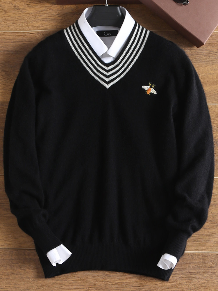 남성용 캐시미어 스웨터 100 순수 캐시미어 V 넥 가을 겨울 신작 풀오버 작은 꿀벌 자수 남성용 루즈 캐시미어 스웨터