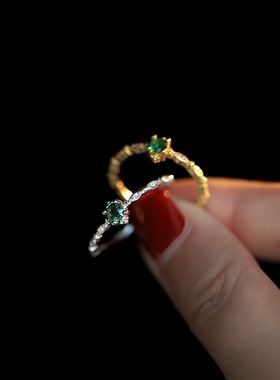 时尚带闪钻个性女绿钻锆石戒指女复古气质开口指环个性食指戒