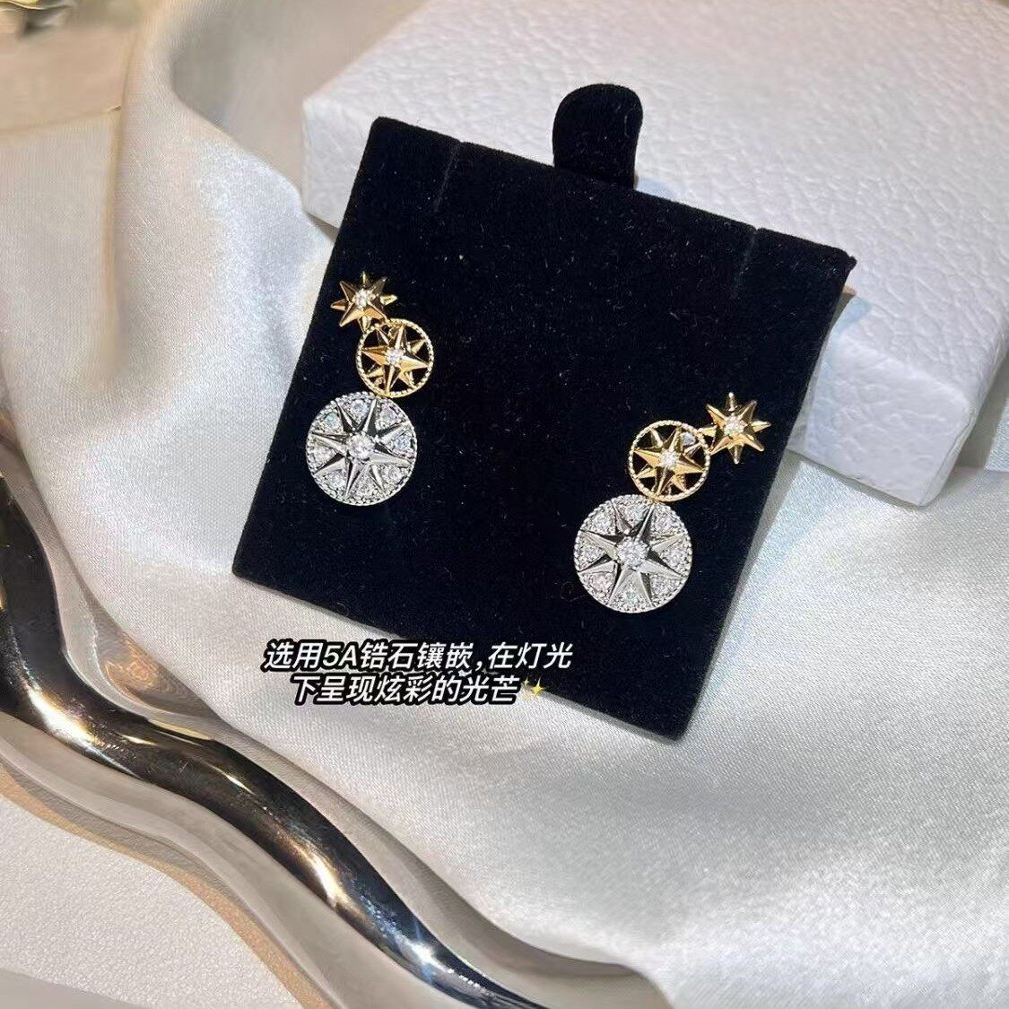 法式圆形八芒星耳环双面气质锆石耳环