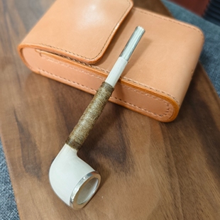 【短款】进口德国陶土烟斗改造定制全手工锤纹999足银烟嘴斗钵圈