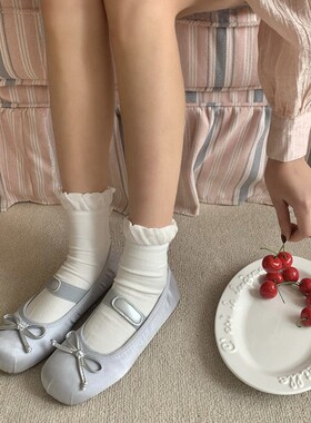 花边蝴蝶结无骨袜子女中筒袜春秋款棉袜日系少女灰色芭蕾风长筒袜