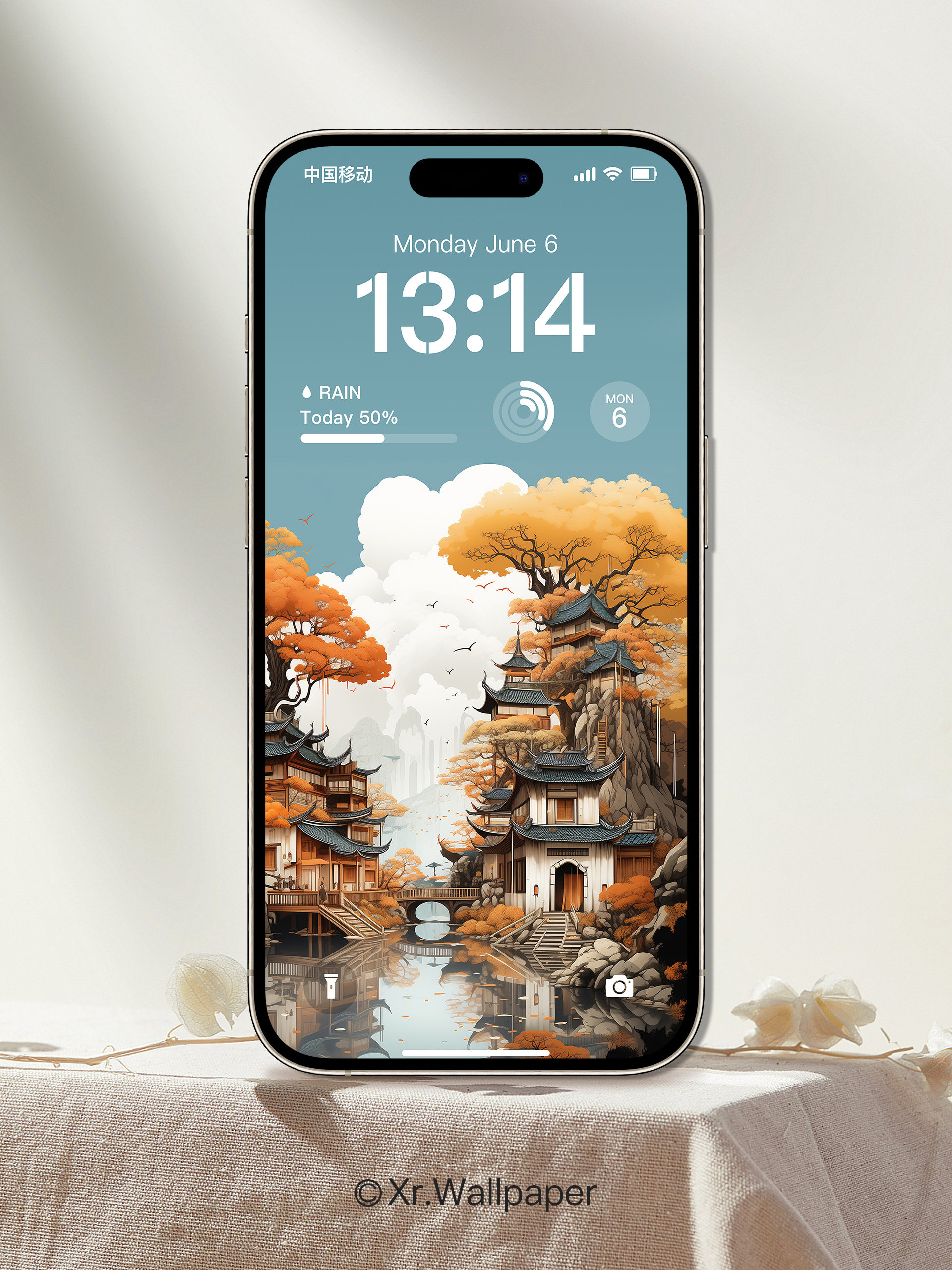 桥边人家古风建筑插画风iphone手机壁纸主题高清图片卡通素材34