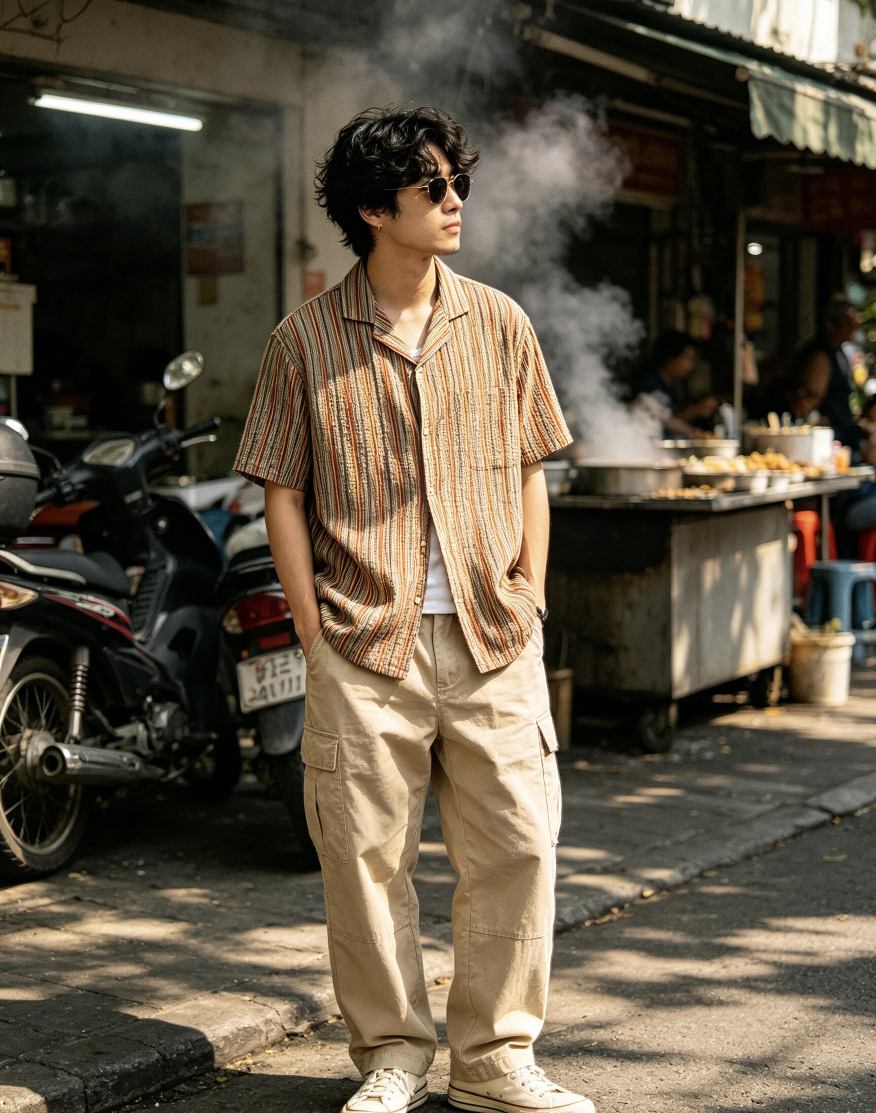 夏季薄款彩色条纹短袖衬衫男士日系复古港风老钱风古巴领宽松上衣
