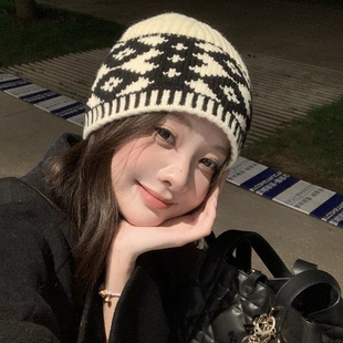 韩国费尔岛针织帽子女秋冬复古显脸小毛线帽大头围保暖护耳冷帽男