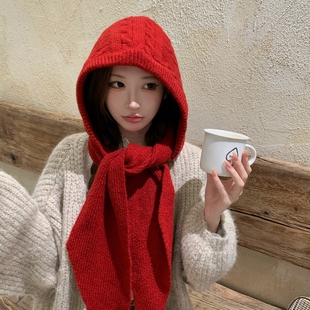 韩系圣诞红色巴拉克拉法帽女秋冬季 保暖毛线针织帽子连帽围巾一体