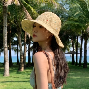 高品质纸草彩色度假草帽女夏季海边出游大檐可折叠防晒帽遮阳帽子