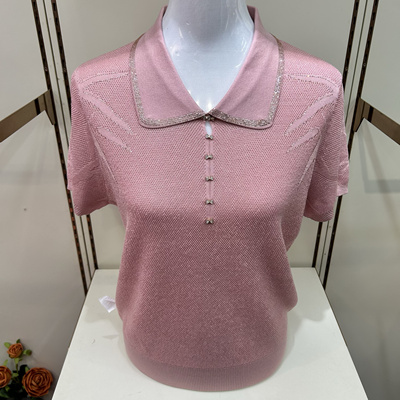 中老年女装妈妈短袖T恤小衫2025新款翻领针织纯色宽松纽扣女上衣