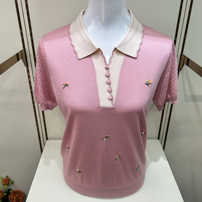 中老年女装妈妈短袖T恤小衫2025新款宽松翻领纯色绣花针织小衫女