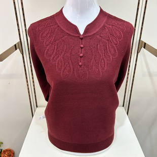 安可拉红中年女士高端上衣妈妈装毛衣打底衫中老年羊毛衫旗袍领女