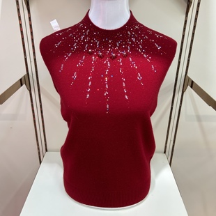 100%纯羊毛衫秋冬装半高领烫钻毛衣妈妈装针织套头女中老年打底衫