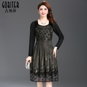 古贝莎春秋高端品牌刺绣修身绣花妈妈装时尚显瘦连衣裙