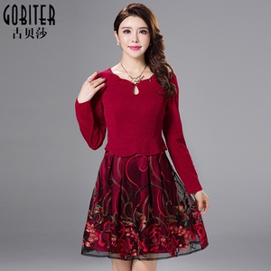 古贝莎春秋女高端新款拼接假两件修身婚宴礼服裙妈妈装刺绣连衣裙