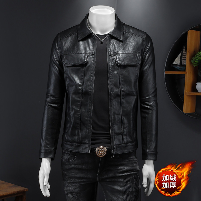 2025秋冬新款加绒男士翻领机车皮外套修身潮男7965-2P165黑色，男装皮衣，钱塘6007(原2006)