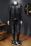 2024秋冬新款加绒男士翻领机车皮外套修身潮男7285-2P205黑，男装工装外套，钱塘6007(原2006)