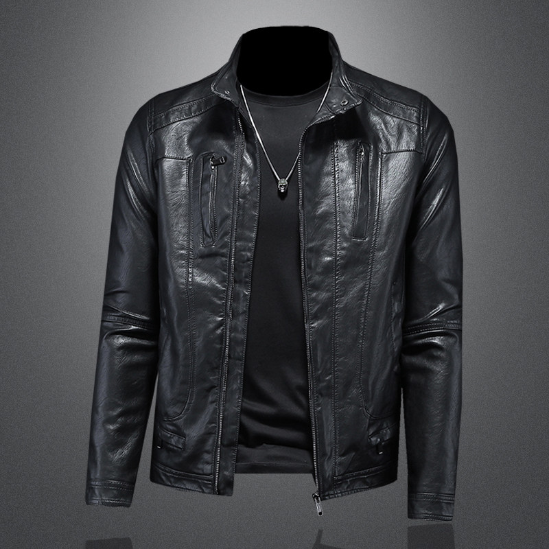 2024秋冬新款男士立领机车皮外套修身潮男皮衣7187P195黑色，男装皮衣，钱塘6007(原2006)