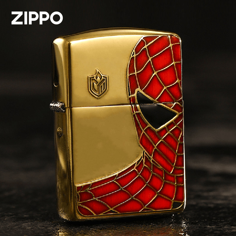zippo打火机正品 蜘蛛侠浮雕填漆黄铜盔甲防风煤油火机男送礼收藏
