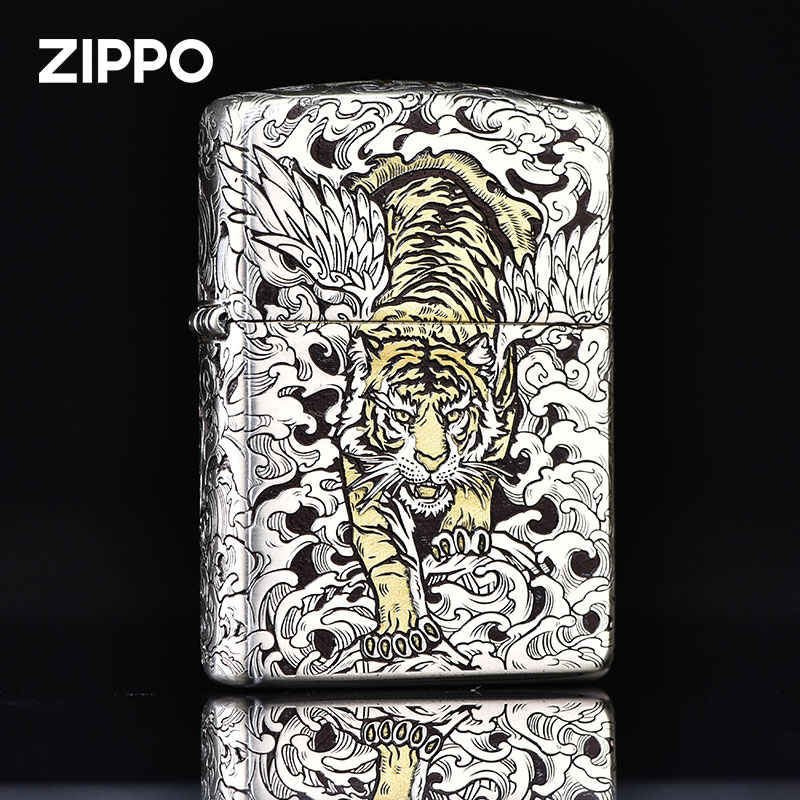 ZIPPO打火机盔甲镀银错金如虎添翼 芝宝防风煤油浮雕立体个性送礼