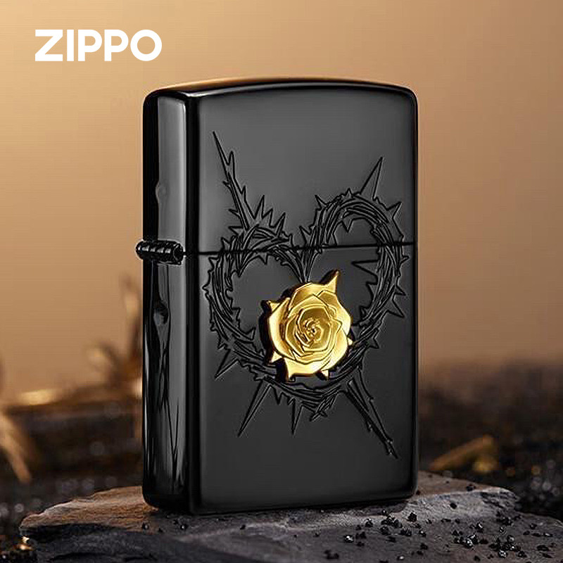 ZIPPO/之宝打火机黑冰金属贴章荆棘花开官方原装防风送礼男士七夕