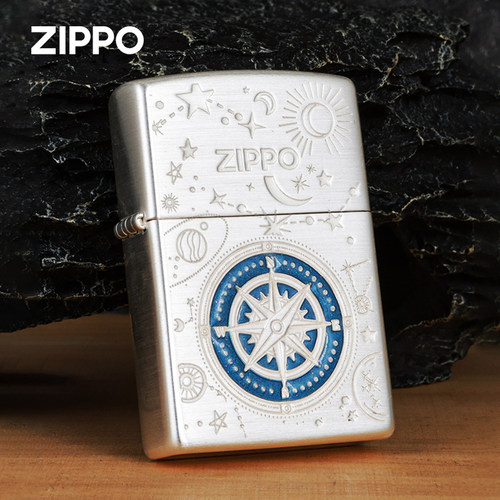ZIPPO镀银拉丝星路爱情指南针原