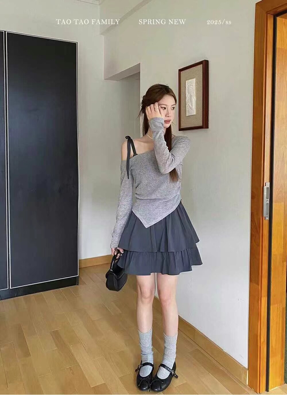 2025春季新款甜美小清新露肩不规则长袖针织衫吊带连衣裙两件套装